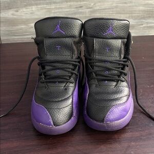 Jordan 12 Kids Black and Purple Sneakers